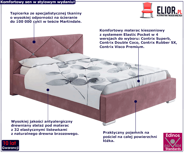 Tapicerowane łóżko z drewnianym stelażem 140x200 Santa 2X