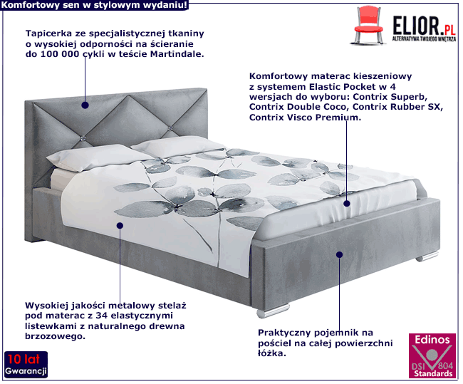 Tapicerowane łóżko z metalowym stelażem 200x200 Lenomi 3X