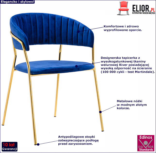 Ciemnoniebieskie welurowe krzesło Piano 2X ze złotymi nóżkami