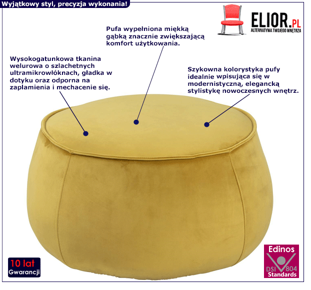 Stylowa żółta pufa Ziro - welurowa
