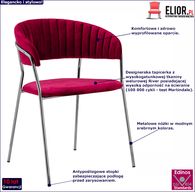Burgundowe pikowane krzesło z metalową podstawą Piano 3X