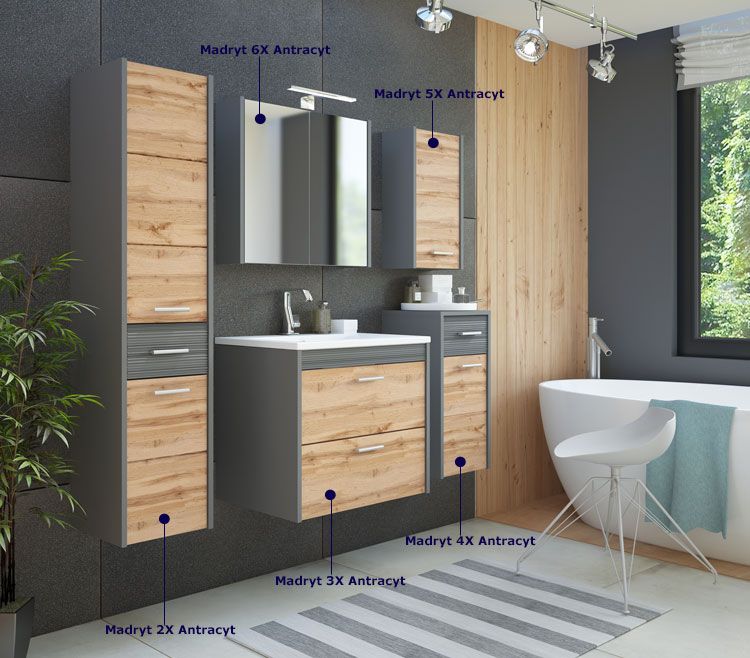 Zestaw wiszących szafek łazienkowych Madryt Antracyt