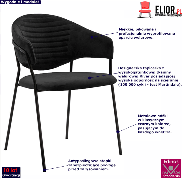 Czarne welurowe krzesło z pikowanym oparciem Nemo 2X