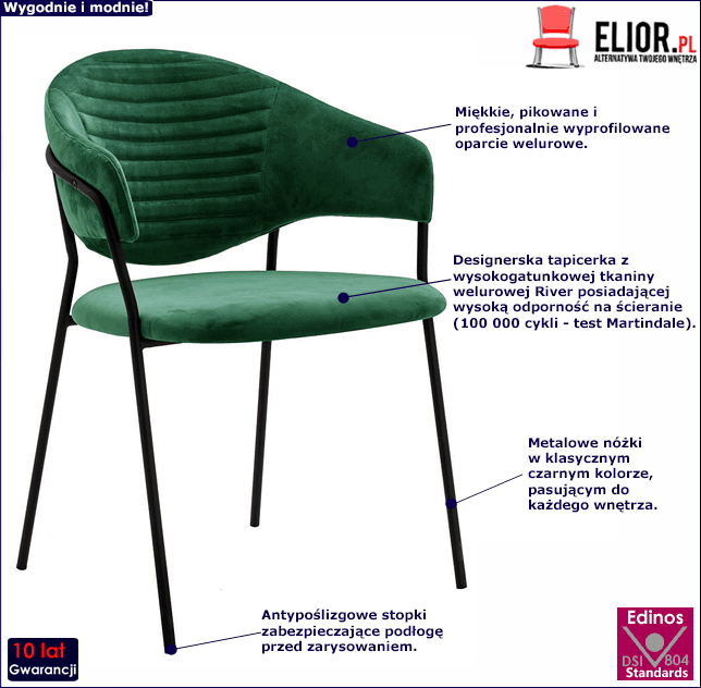 Zielone welurowe krzesło z podłokietnikami Moka 2X