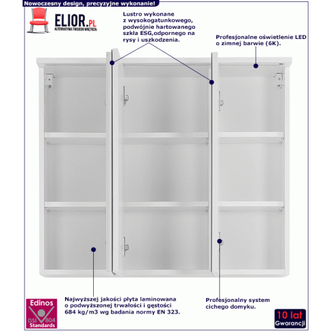 Wnętrze wiszącej szafki lazienkowej Marbella 7X Biały 80 cm