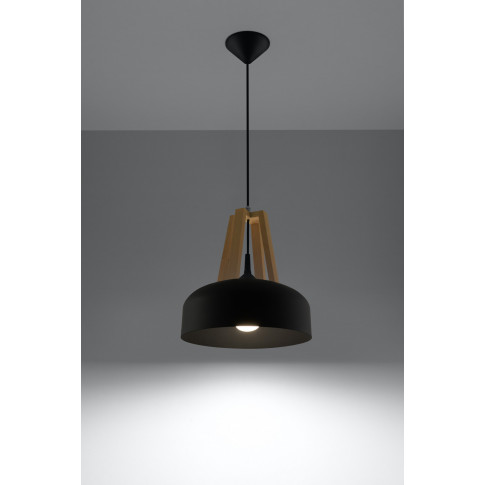 Czarna lampa wisząca loft EX516-Casko z elementami drewnianymi