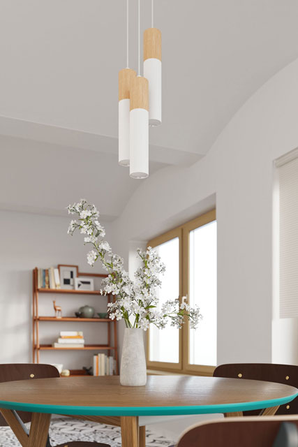 Biała lampa wisząca tuba EX544-Pables z drewnianą oprawką