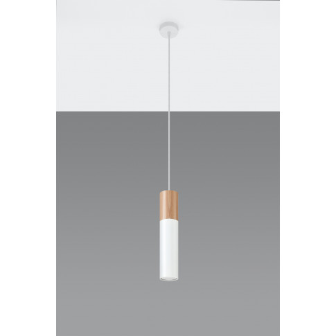 Biała lampa wisząca EX544-Pables z drewnianą oprawką