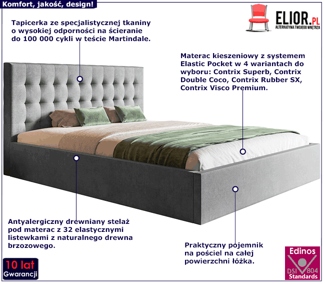 Pikowane łóżko z drewnianym stelażem 160x200 Grade 2X