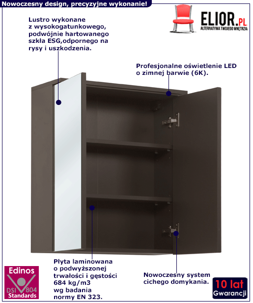 Szafka łazienkowa z lustrem Mea 7X Grafit 60 cm