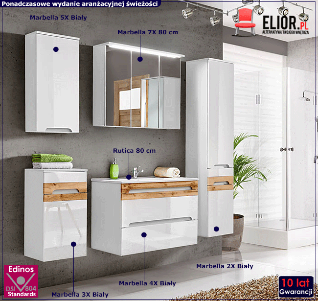 Komplet wiszących szafek łazienkowych Marbella Biały połysk