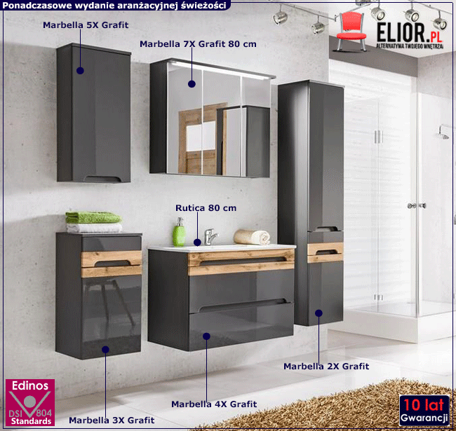Komplet wiszących szafek łazienkowych Marbella Grafit połysk