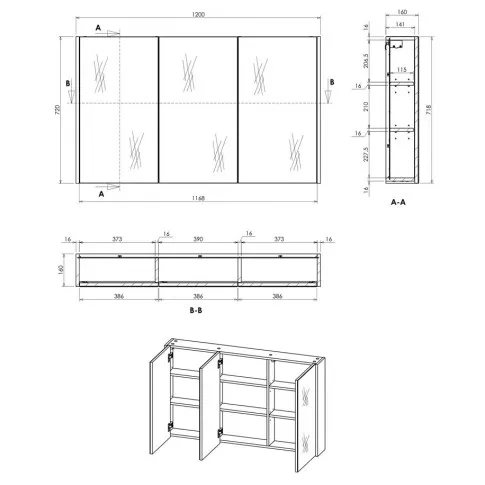 Wymiary szafki łazienkowej z lustrem Saloma 5X 120 cm