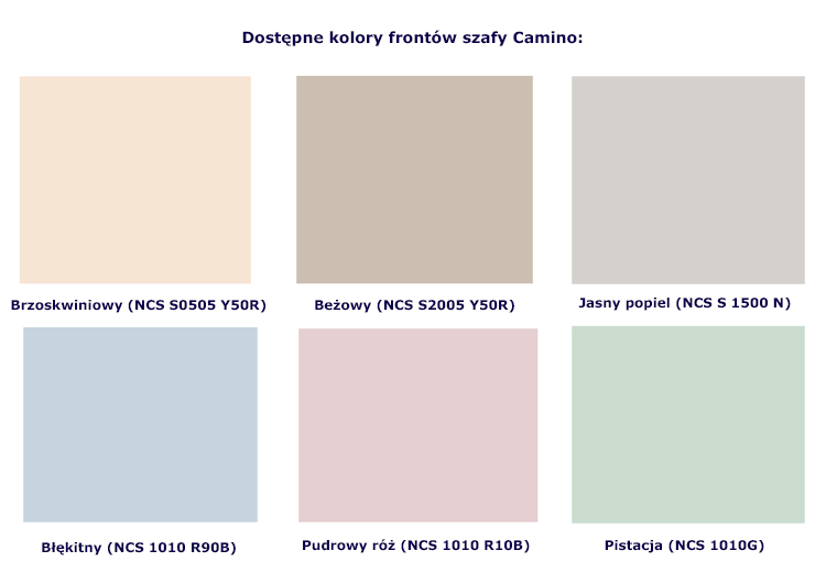 Wybór dostępnych kolorów frontu szafy Camino