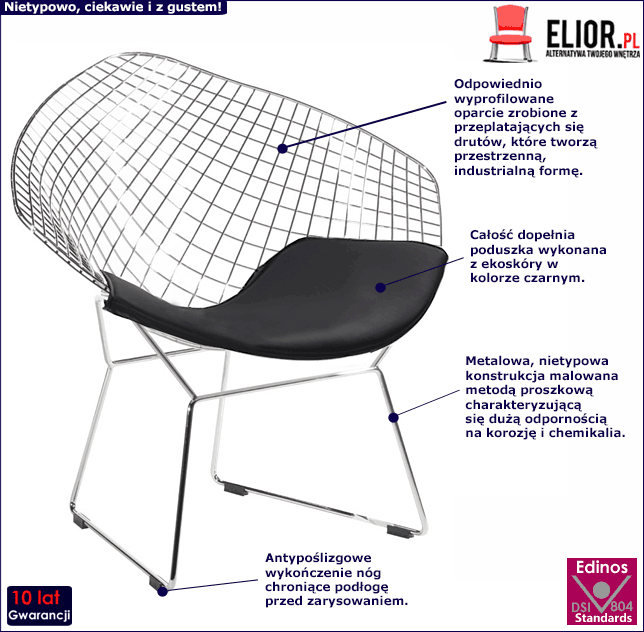 Chromowany fotel z czarnym siedziskiem Pelasi