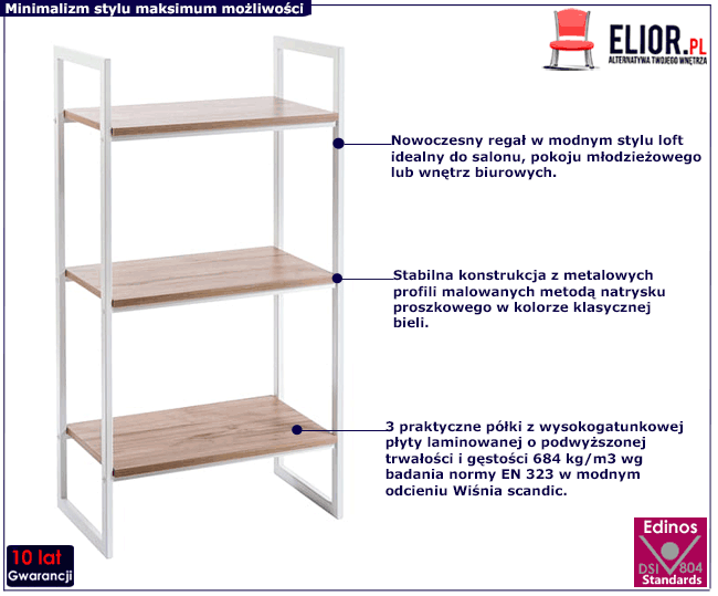 Biały loftowy regał z półkami wiśnia scandic Maso 3X