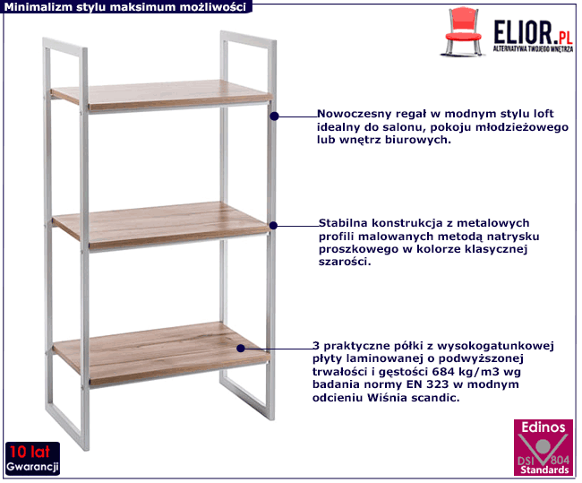 Szary loftowy regał z półkami wiśnia scandic Maso 3X