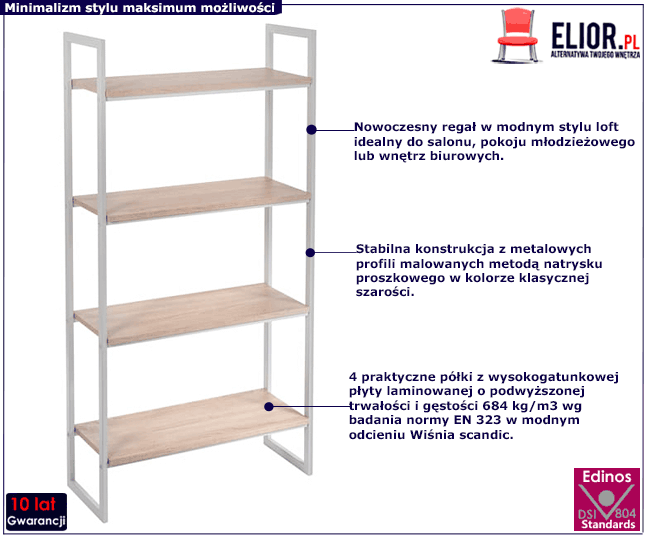 Minimalistyczny szary regał z 4 półkami Maso 6X