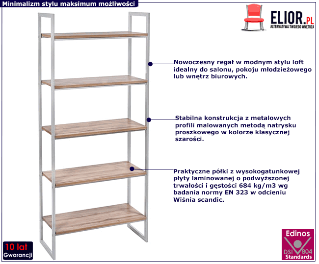 Szary metalowy regał w stylu loft z półkami wiśnia scandic Maso 9X