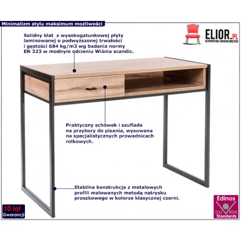 Czarne loftowe metalowe biurko z blatem wiśnia scandic Verdon 8X