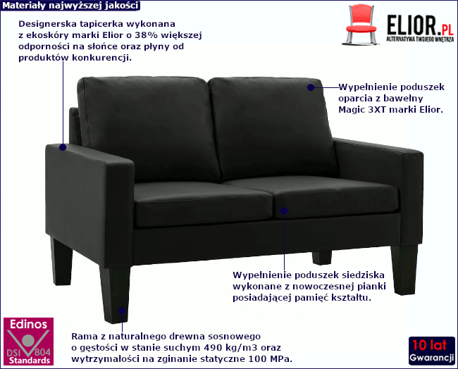 Produkt Nowoczesna czarna sofa dwuosobowa - Clorins 2X