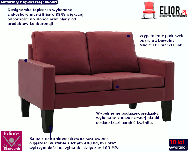 Produkt Minimalistyczna bordowa sofa - Revex 2X
