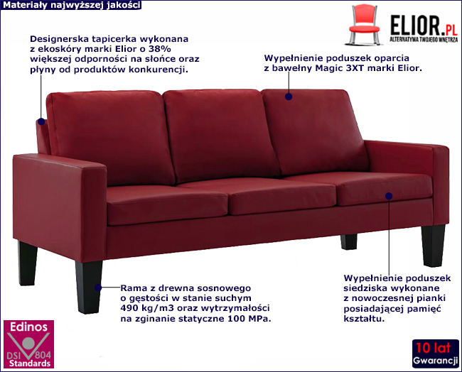Produkt Bordowa nowoczesna tapicerowana sofa - Revex 3X