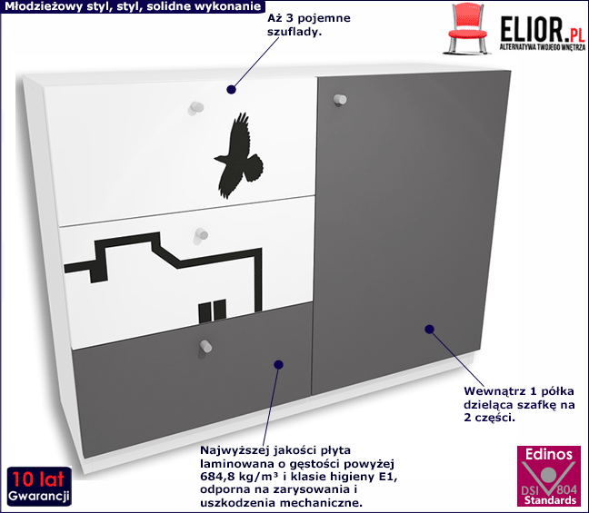 Biało-grafitowa komoda dla dziecka Balto 5X
