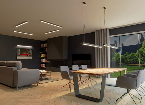 Srebrna liniowa lampa wisząca LED R862-Noria do biura