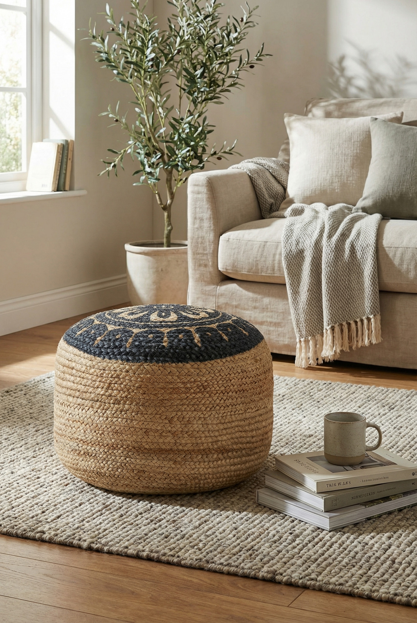 Aranżacja salonu z pufą plecioną z nadrukiem - Opola 2X