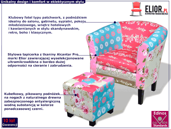 Klubowy patchworkowy fotel z podnóżkiem Somed 3X