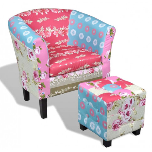 Patchworkowy fotel klubowy z podnóżkiem w kwiatowy wzór Cadis 3X