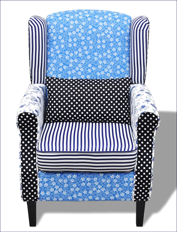 Niebieski fotel uszak typu patchwork Prado