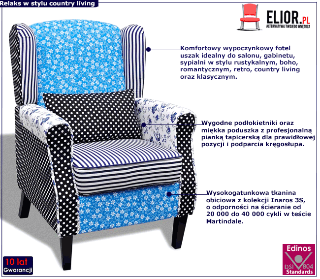 Patchworkowy fotel uszak Charlene