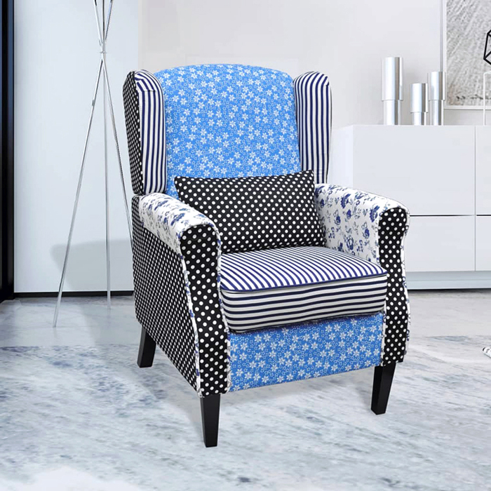 Niebieski fotel wypoczynkowy w stylu patchwork Prado