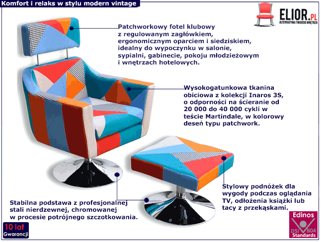 Patchworkowy fotel z podnóżkiem Anivis