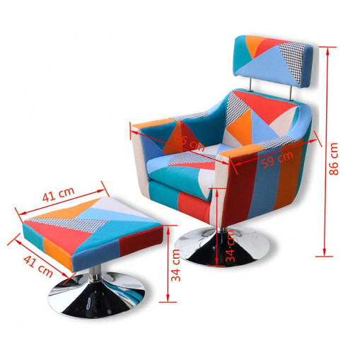 Wymiary kolorowego fotela patchwork z podnóżkiem Anivis