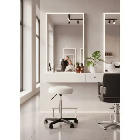 Biały okrągły regulowany taboret obrotowy na kółkach   Flavio