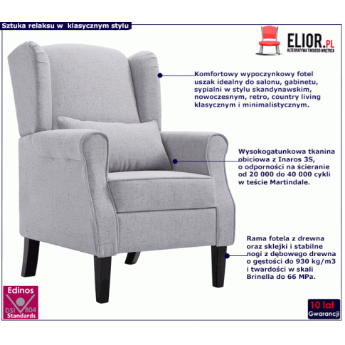 Tapicerowany jasnoszary fotel uszak Prado