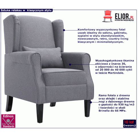 Tapicerowany ciemnoszary fotel uszak Prado