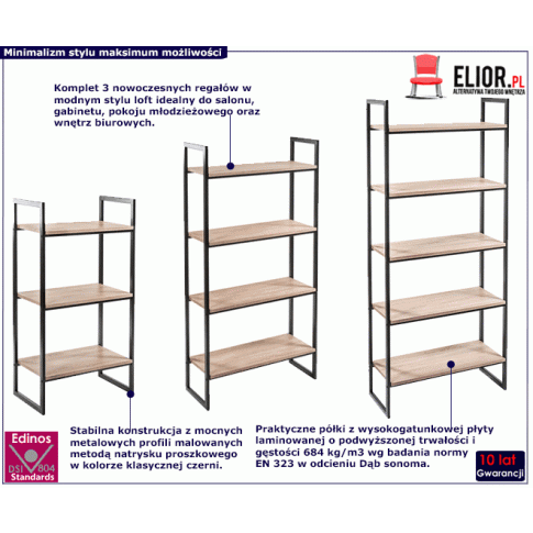 Komplet czarnych loftowych regałów z półkami dab sonoma Verdon 15X
