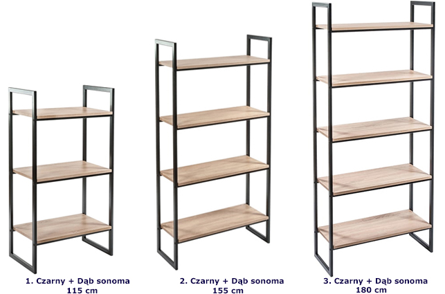 Zestaw czarnych regałów z półkami dąb sonoma Maso 15X