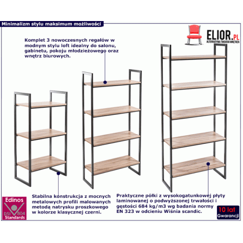 Komplet czarnych loftowych regałów z półkami wisnia scandic Verdon 15X