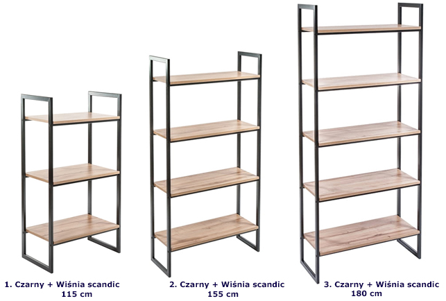 Zestaw czarnych regałów z półkami wiśnia scandic Maso 15X