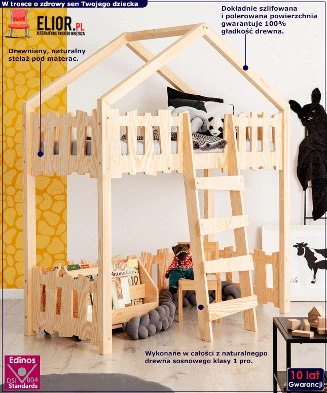 Drewniane dziecięce pojedyncze łóżko piętrowe Zorin 2X