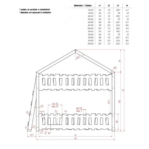 Wymiary drewnianego łóżka piętrowego Zorin 4X