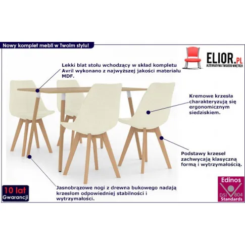 Kremowy 5-częściowy zestaw mebli jadalnianych Avril ukazany na infografice 