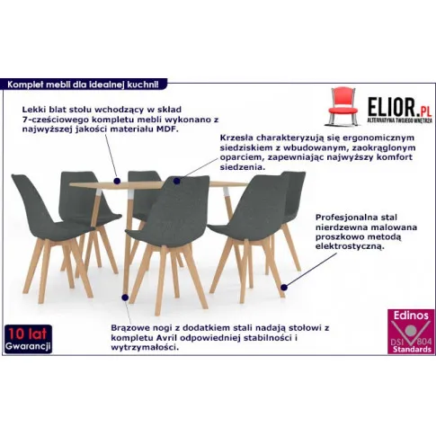 Jasnoszary 7 częściowy zestaw mebli jadalnianych Avril ukazany na szczegółowej infografice