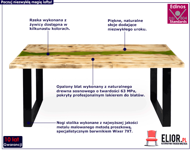 Industrialna ława do salonu Welisa z drewnianym blatem