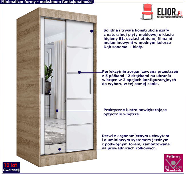 Szafa przesuwna z lustrem w kolorze dab sonoma + biały Ebia 2X